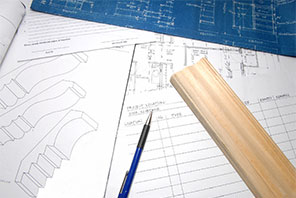Blueprint, moulding sample, and pencil for custom profile planning